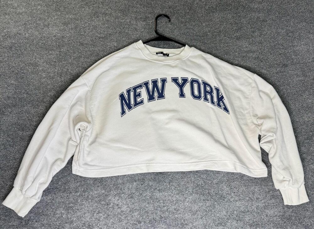 Zara Sweatshirt Womens Large White New York Graphic Cropped Pullover Crewneck